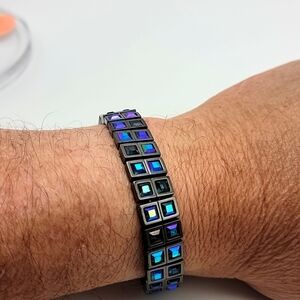 Vtg Givenchy Double Row Blue AB Gun Metal Tennis Bracelet Unisex Japan Classy